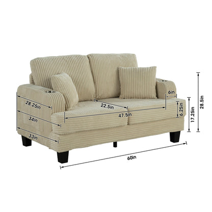 Canapé causeuse contemporain en velours côtelé de 61 po avec 2 coussins et porte-gobelet