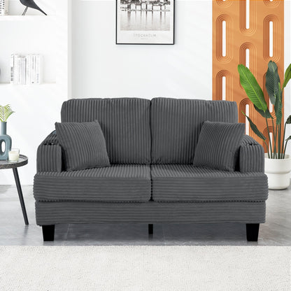 Canapé causeuse contemporain en velours côtelé de 61 po avec 2 coussins et porte-gobelet