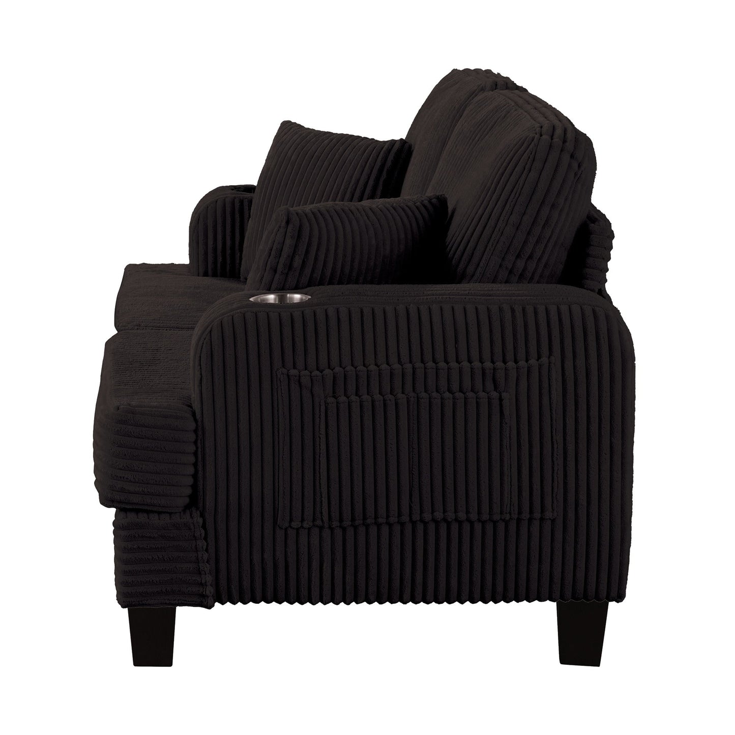 Canapé causeuse contemporain en velours côtelé de 61 po avec 2 coussins et porte-gobelet