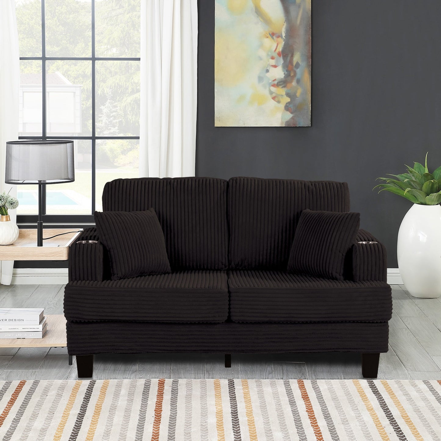 Canapé causeuse contemporain en velours côtelé de 61 po avec 2 coussins et porte-gobelet