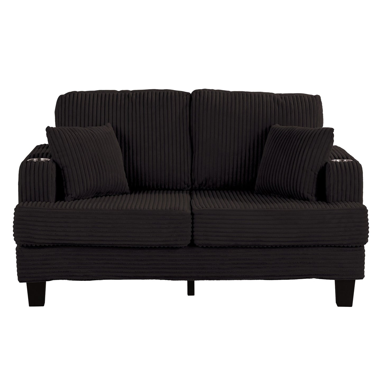 Canapé causeuse contemporain en velours côtelé de 61 po avec 2 coussins et porte-gobelet