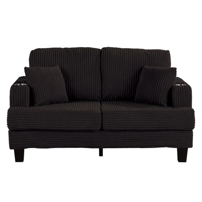 Canapé causeuse contemporain en velours côtelé de 61 po avec 2 coussins et porte-gobelet