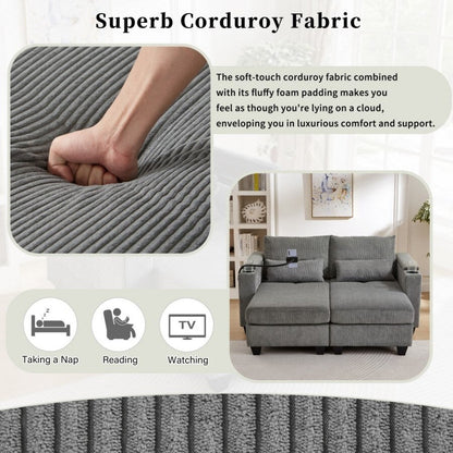 Canapé-lit convertible en velours côtelé de 63 pouces avec ports USB, deux porte-gobelets et un support pour téléphone pour le salon