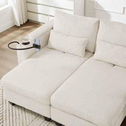 Canapé-lit convertible en velours côtelé de 63 pouces avec ports USB, deux porte-gobelets et un support pour téléphone pour le salon