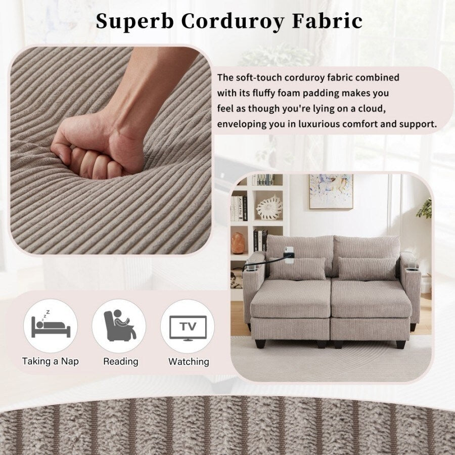 Canapé-lit convertible en velours côtelé de 63 pouces avec ports USB, deux porte-gobelets et un support pour téléphone pour le salon