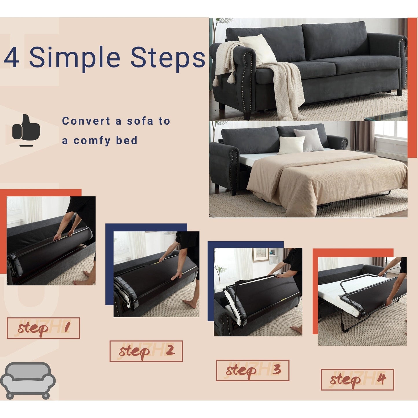 Canapé-lit 3 places en polyester 63 avec matelas gigogne et accoudoirs à rivets rétro