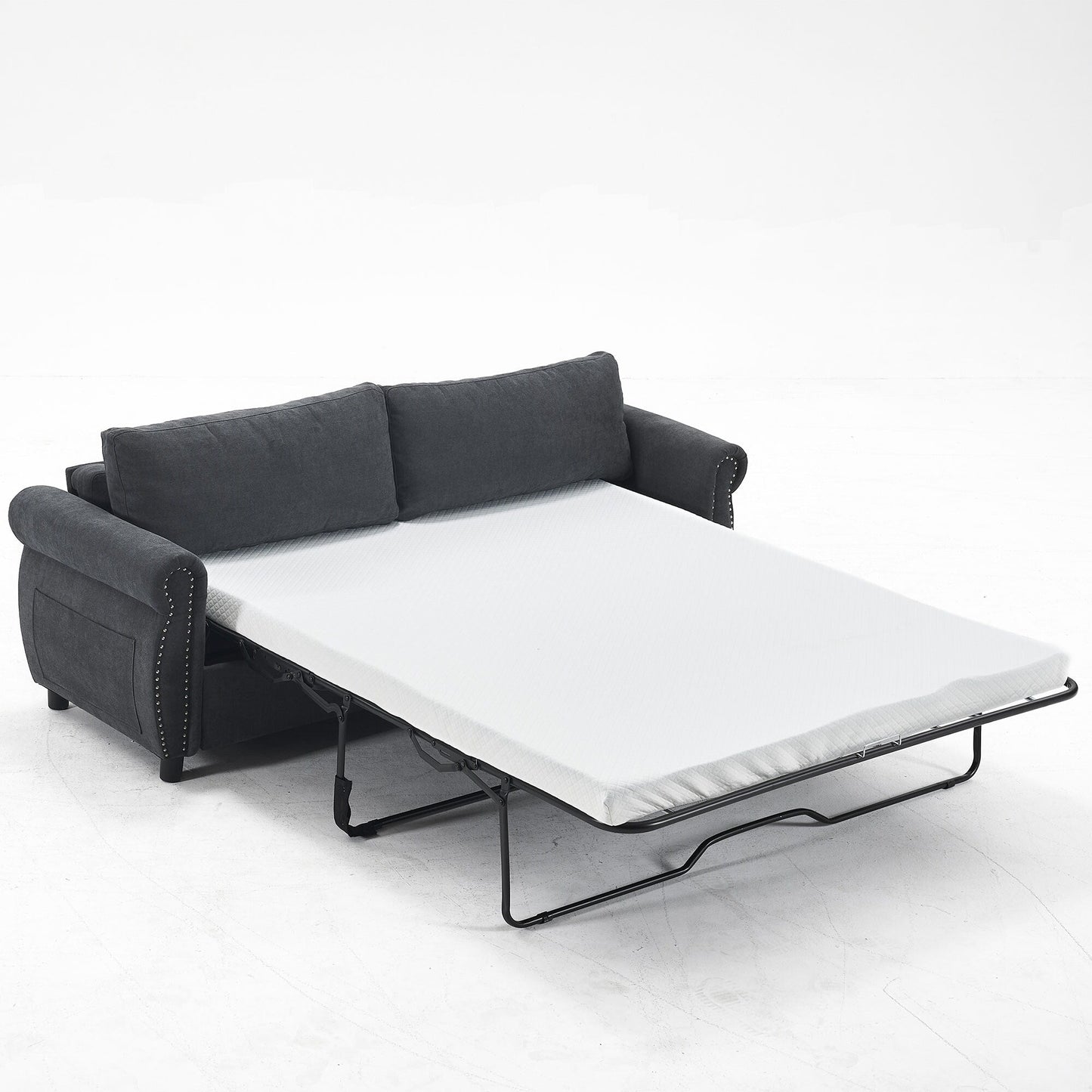 Canapé-lit 3 places en polyester 63 avec matelas gigogne et accoudoirs à rivets rétro