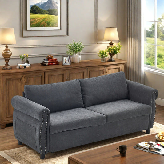 Canapé-lit 3 places en polyester 63 avec matelas gigogne et accoudoirs à rivets rétro