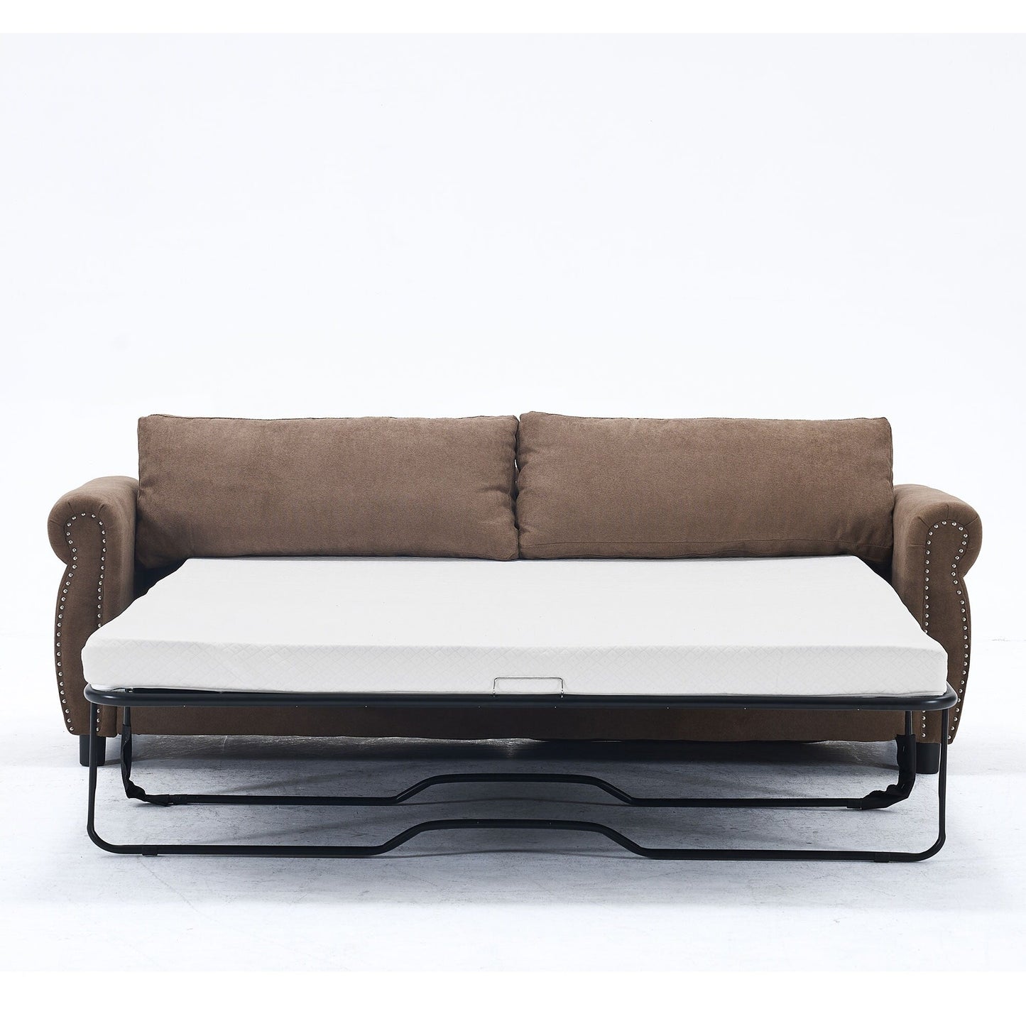 Canapé-lit 3 places en polyester 63 avec matelas gigogne et accoudoirs à rivets rétro