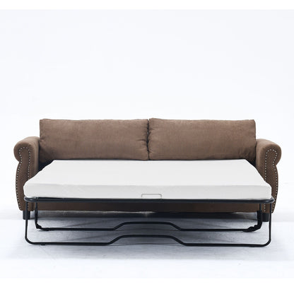 Canapé-lit 3 places en polyester 63 avec matelas gigogne et accoudoirs à rivets rétro