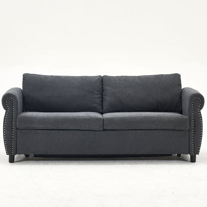 Canapé-lit 3 places en polyester 63 avec matelas gigogne et accoudoirs à rivets rétro