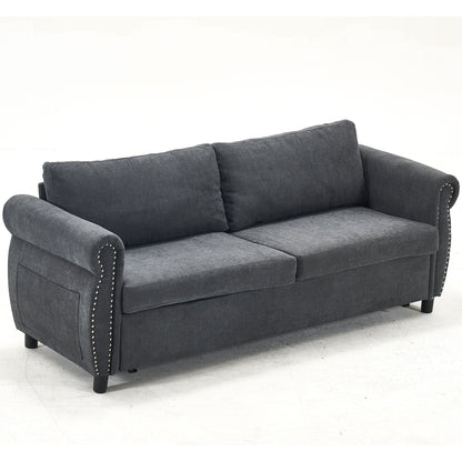 Canapé-lit 3 places en polyester 63 avec matelas gigogne et accoudoirs à rivets rétro