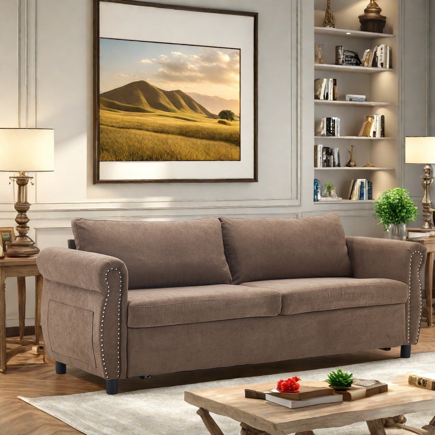 Canapé-lit 3 places en polyester 63 avec matelas gigogne et accoudoirs à rivets rétro