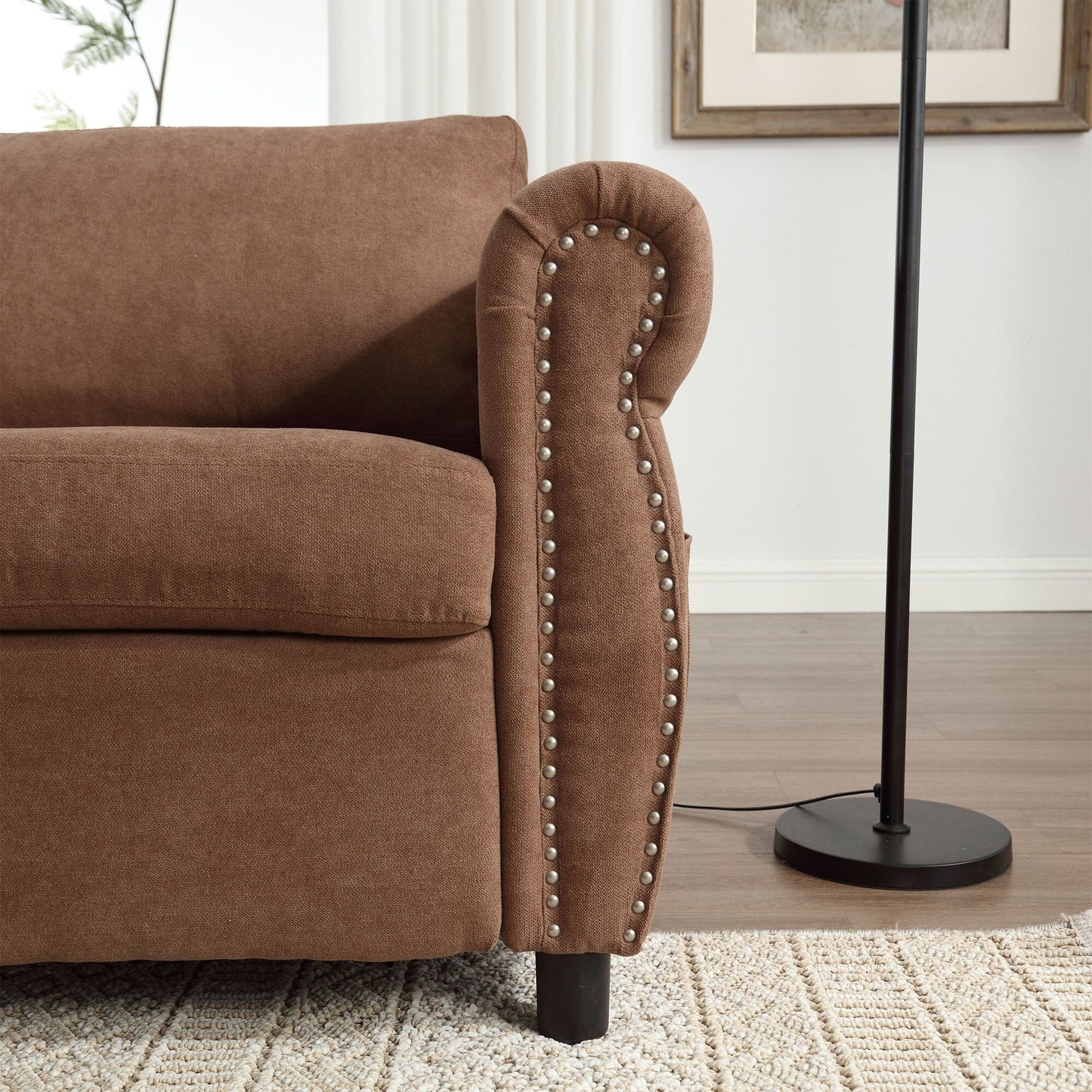 Canapé-lit 3 places en polyester 63 avec matelas gigogne et accoudoirs à rivets rétro