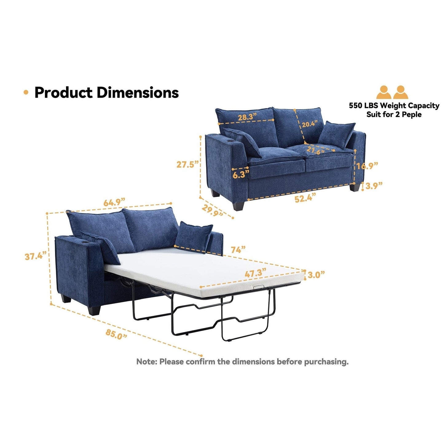 Canapé-lit 2 places en chenille 64,9 cm avec surmatelas en mousse à mémoire de forme - Cadre de lit à lattes en bois massif, 2 porte-gobelets