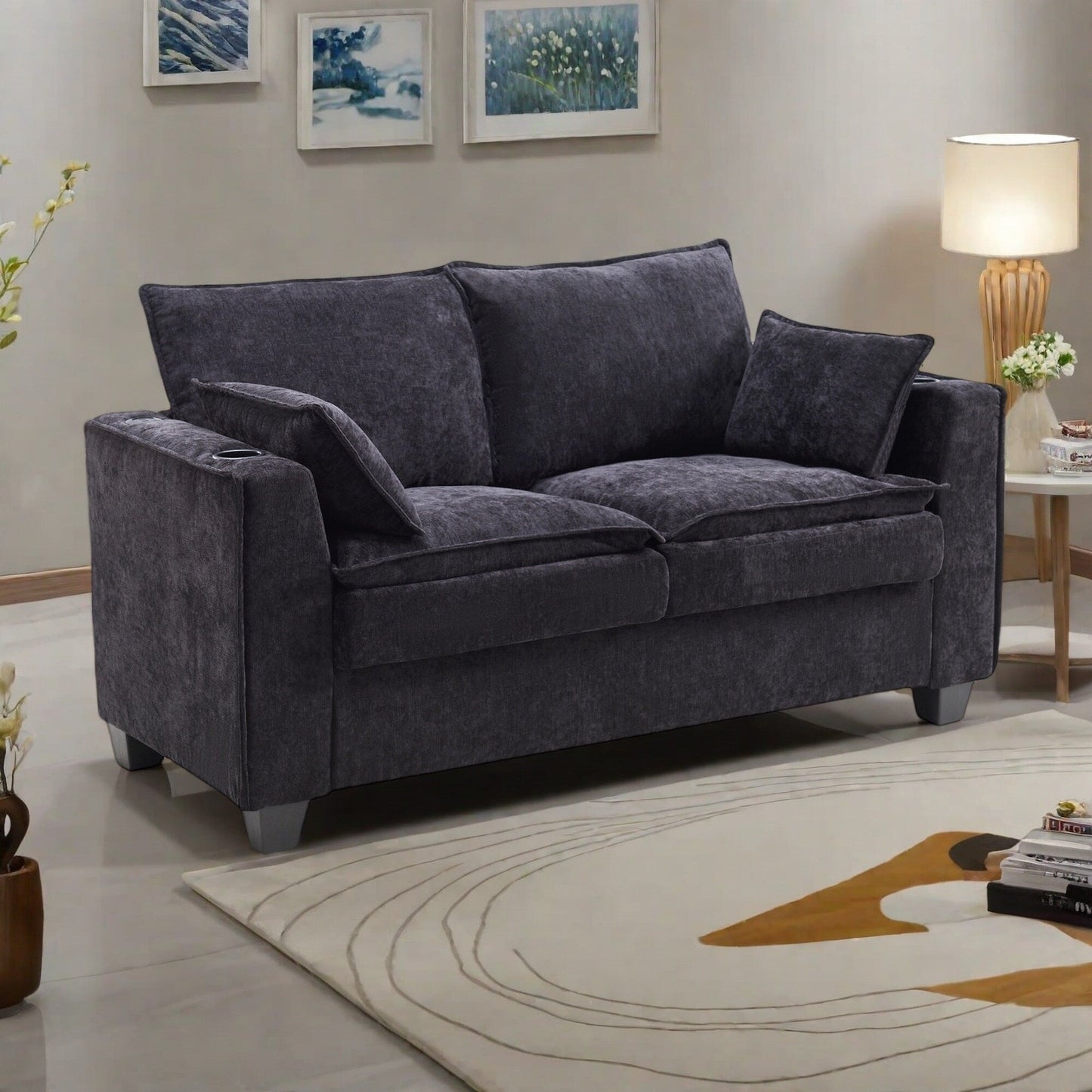 Canapé-lit 2 places en chenille 64,9 cm avec surmatelas en mousse à mémoire de forme - Cadre de lit à lattes en bois massif, 2 porte-gobelets