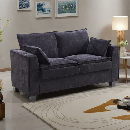 Canapé-lit 2 places en chenille 64,9 cm avec surmatelas en mousse à mémoire de forme - Cadre de lit à lattes en bois massif, 2 porte-gobelets