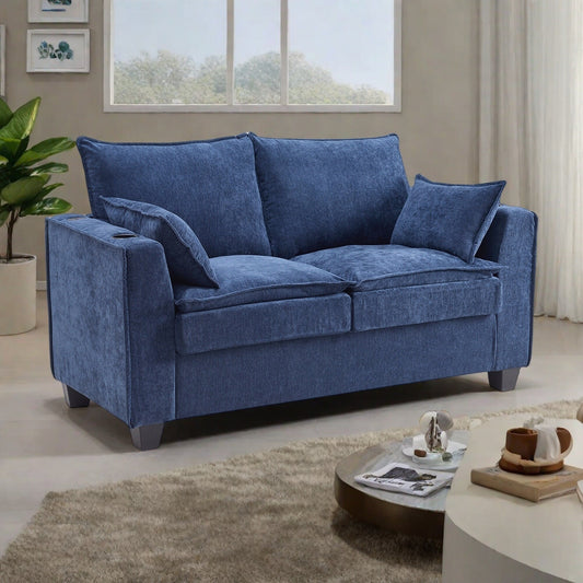 Canapé-lit 2 places en chenille 64,9 cm avec surmatelas en mousse à mémoire de forme - Cadre de lit à lattes en bois massif, 2 porte-gobelets