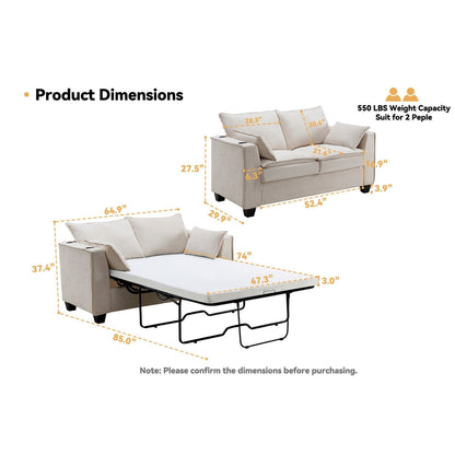 Canapé-lit 2 places en chenille 64,9 cm avec surmatelas en mousse à mémoire de forme - Cadre de lit à lattes en bois massif, 2 porte-gobelets