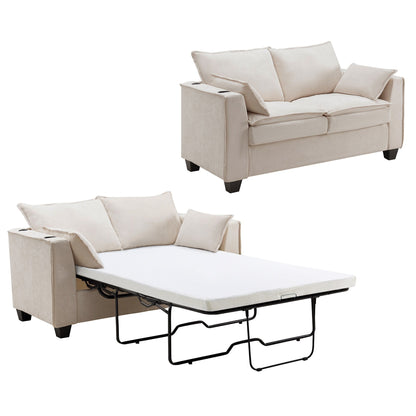 Canapé-lit 2 places en chenille 64,9 cm avec surmatelas en mousse à mémoire de forme - Cadre de lit à lattes en bois massif, 2 porte-gobelets