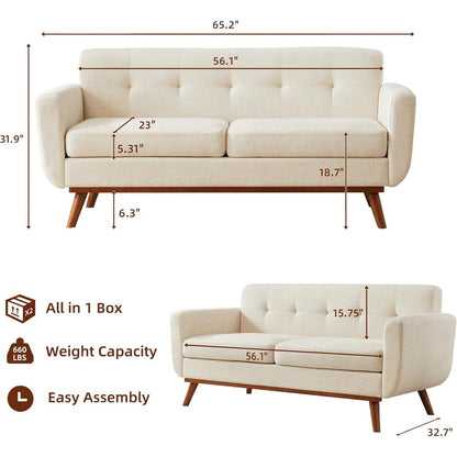 Canapé d'angle capitonné style Mid-Century 65,2 po pour salon et chambre, montage facile (beige)