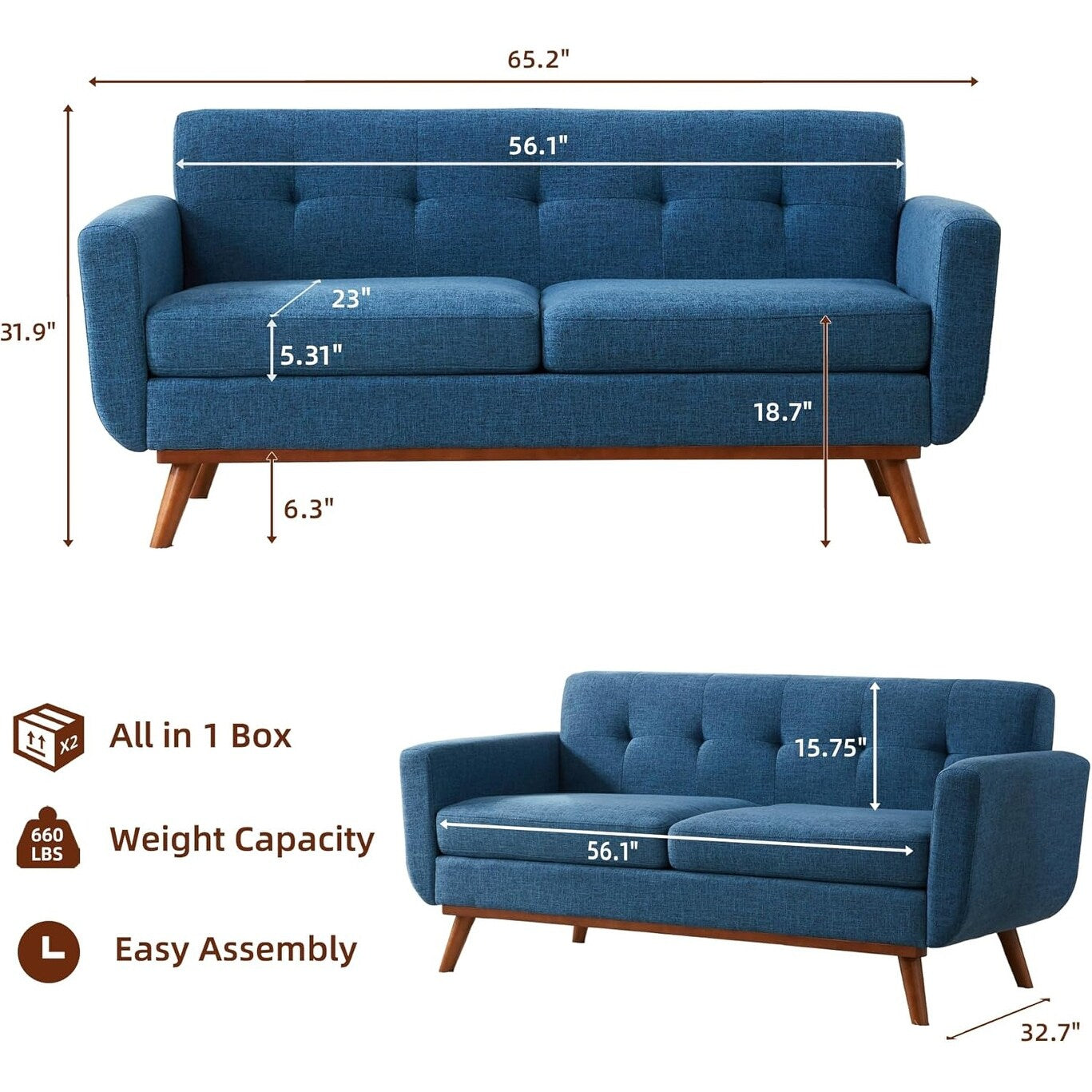 Canapé d'angle capitonné style Mid-Century 65,2 po pour salon et chambre, montage facile (beige)