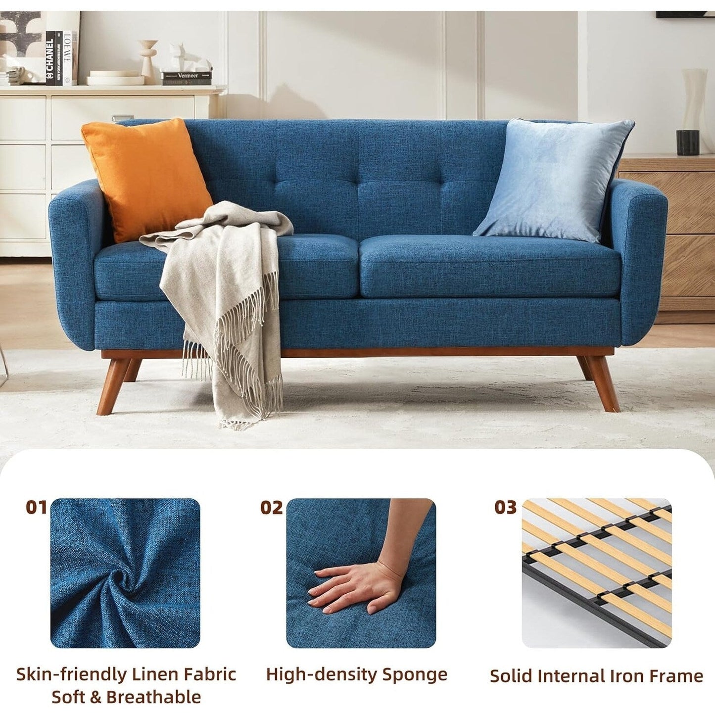 Canapé d'angle capitonné style Mid-Century 65,2 po pour salon et chambre, montage facile (beige)