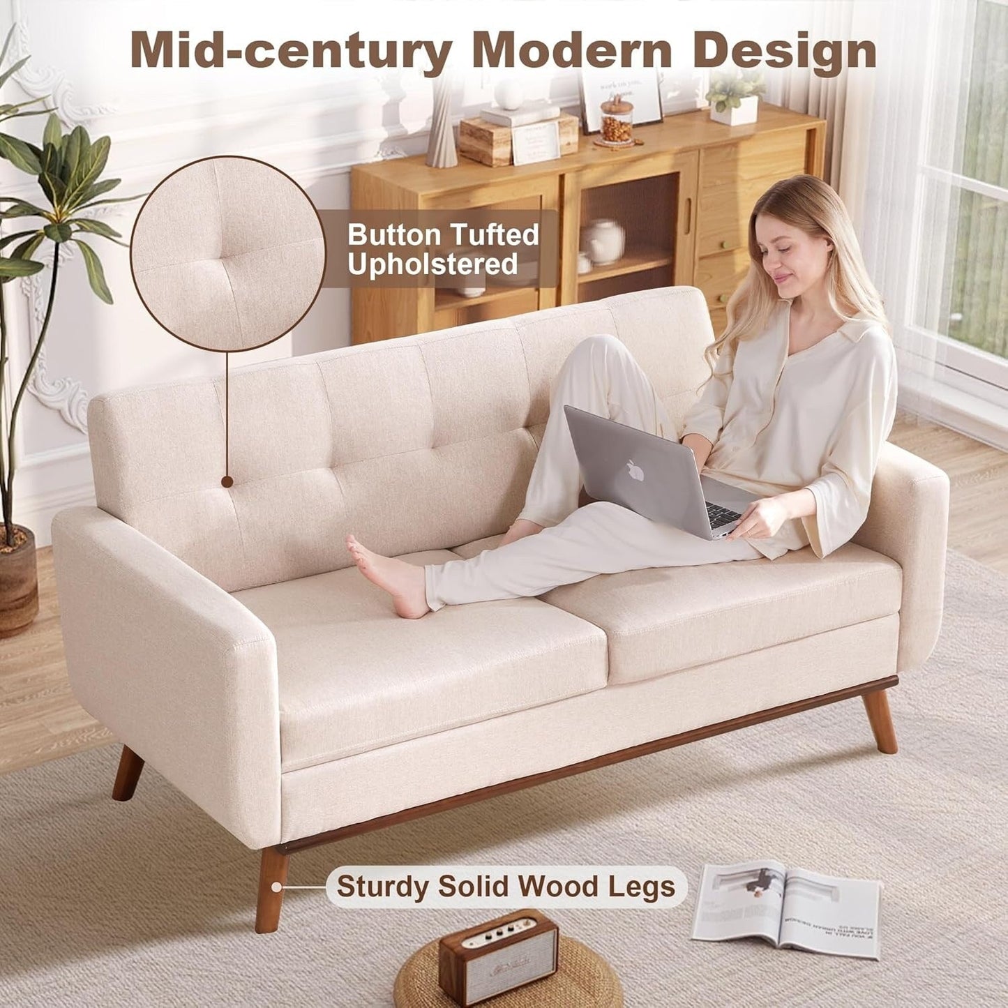 Canapé d'angle capitonné style Mid-Century 65,2 po pour salon et chambre, montage facile (beige)