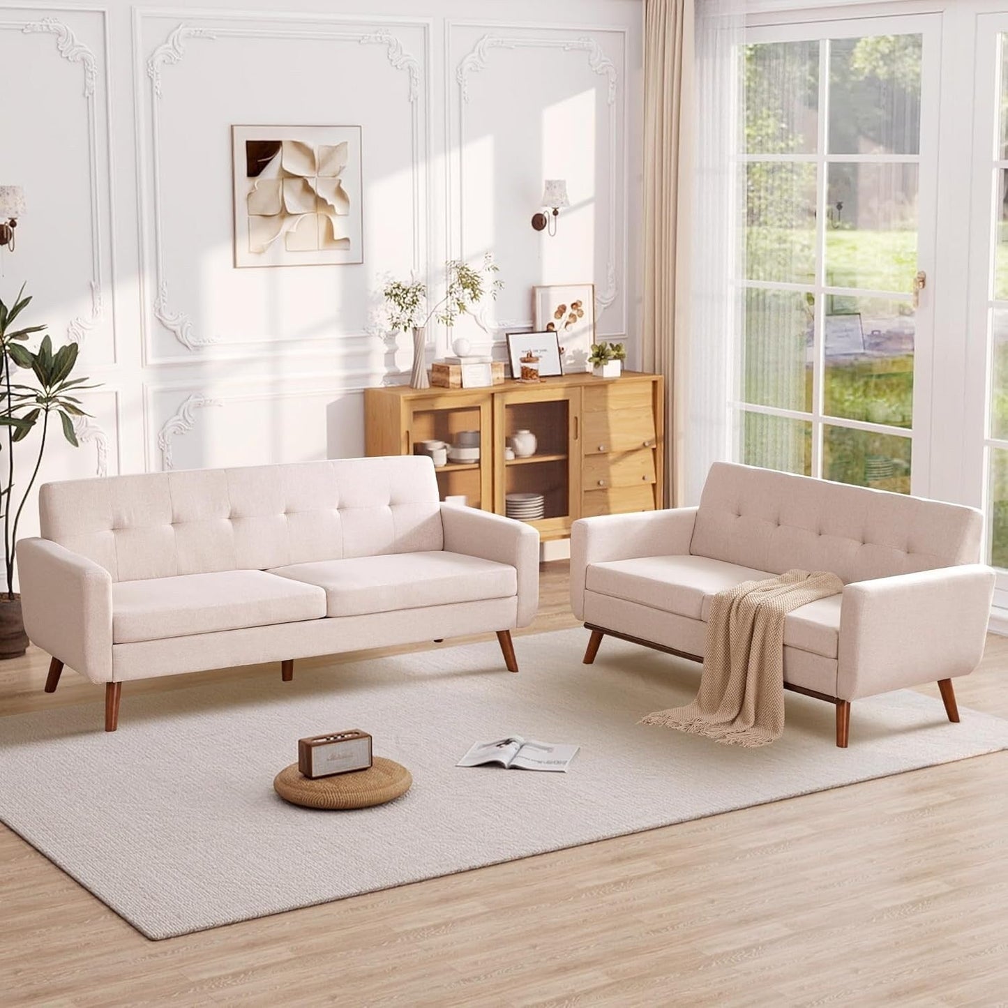 Canapé d'angle capitonné style Mid-Century 65,2 po pour salon et chambre, montage facile (beige)