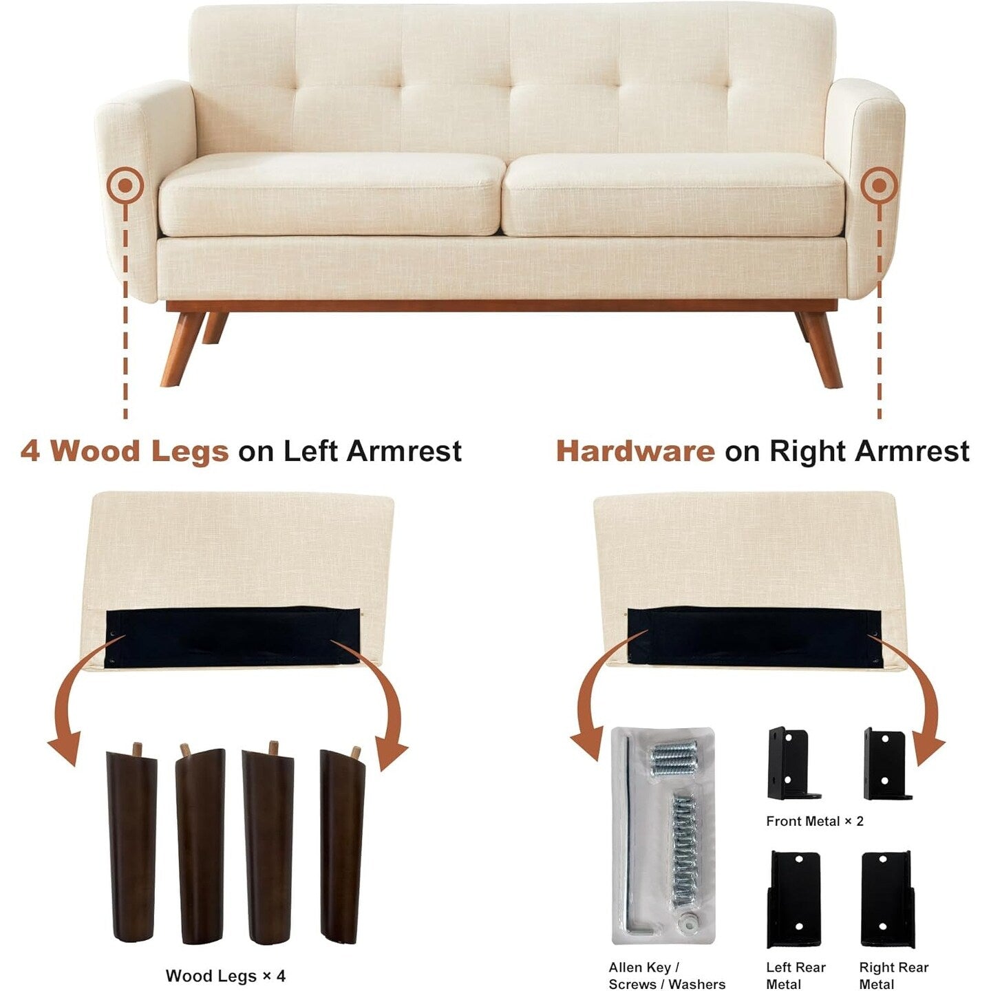 Canapé d'angle capitonné style Mid-Century 65,2 po pour salon et chambre, montage facile (beige)