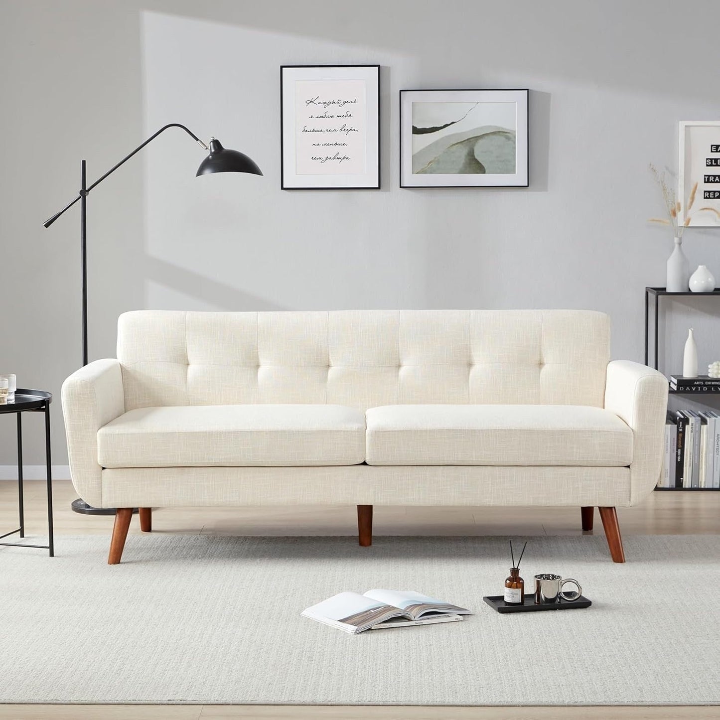 Canapé causeuse 65 pouces style milieu du siècle - Petit canapé capitonné et rembourré pour salon et chambre, montage facile, beige