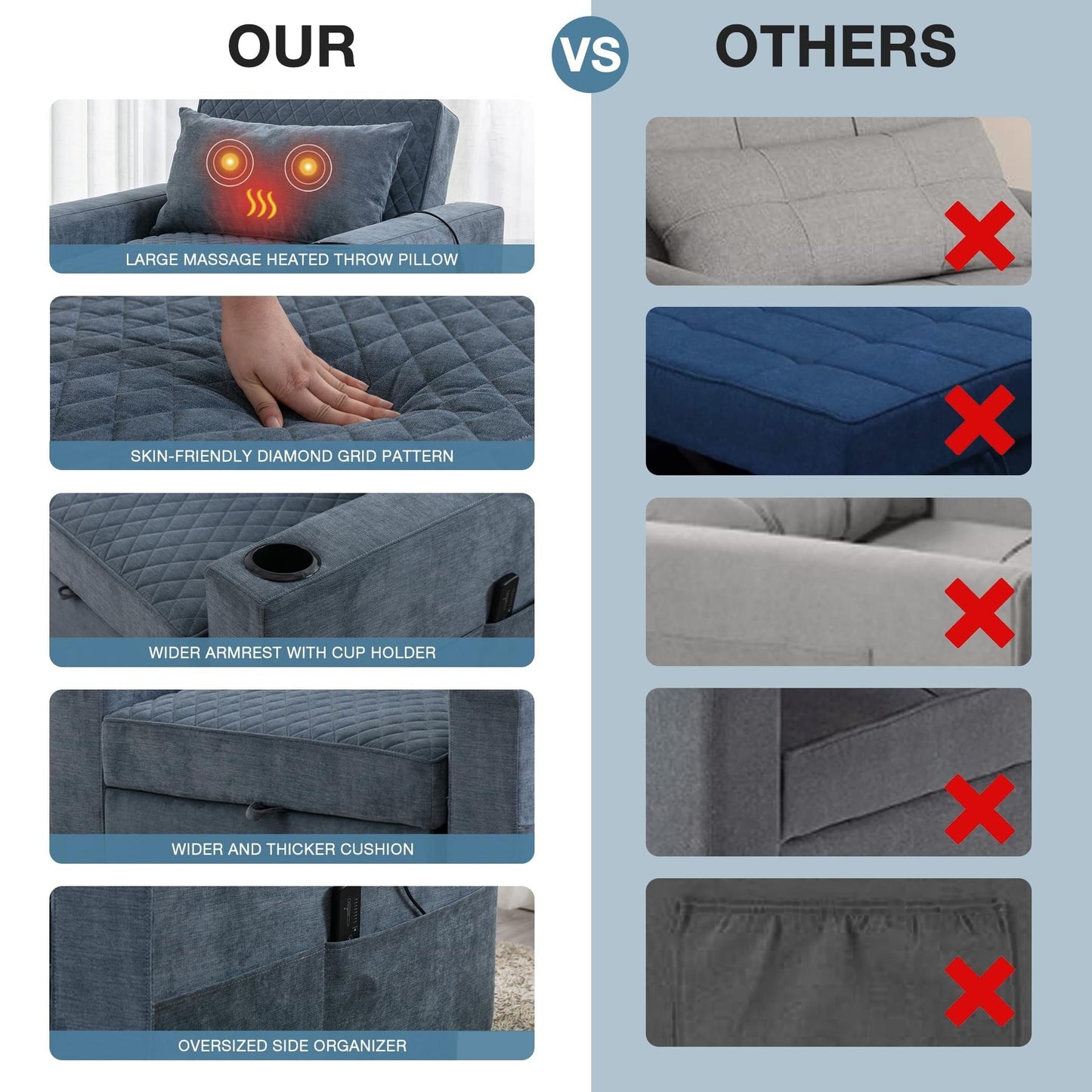 Canapé-lit 2 places en métal 66,93 $, avec coussin chauffant et massant, rangement dissimulé et porte-gobelets