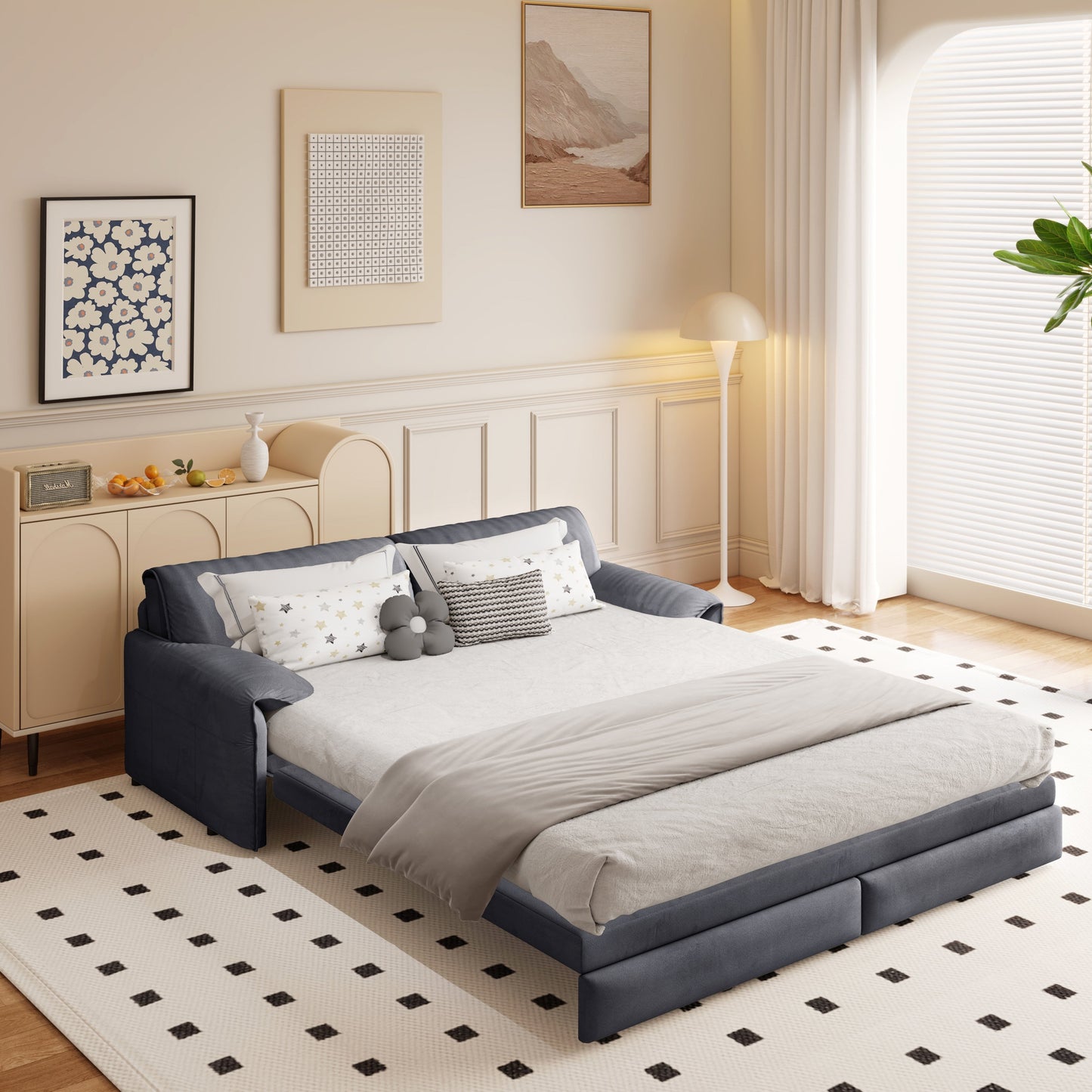 Canapé-lit gigogne Queen 66 pouces, canapé-lit convertible 3 en 1 avec rangement latéral, causeuse-lit multifonction en velours