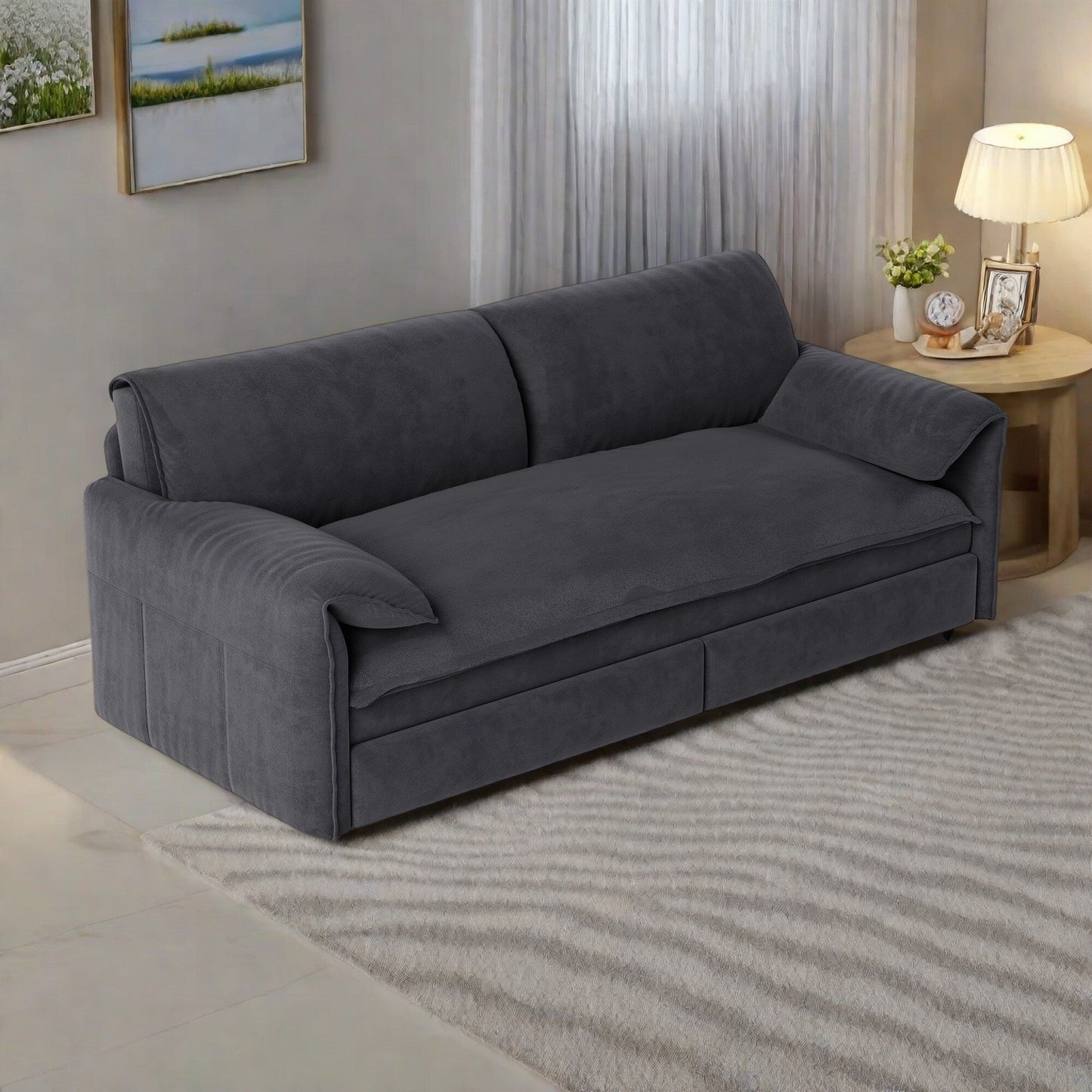 Canapé-lit 2 places en velours avec rangement latéral pour salon et appartement