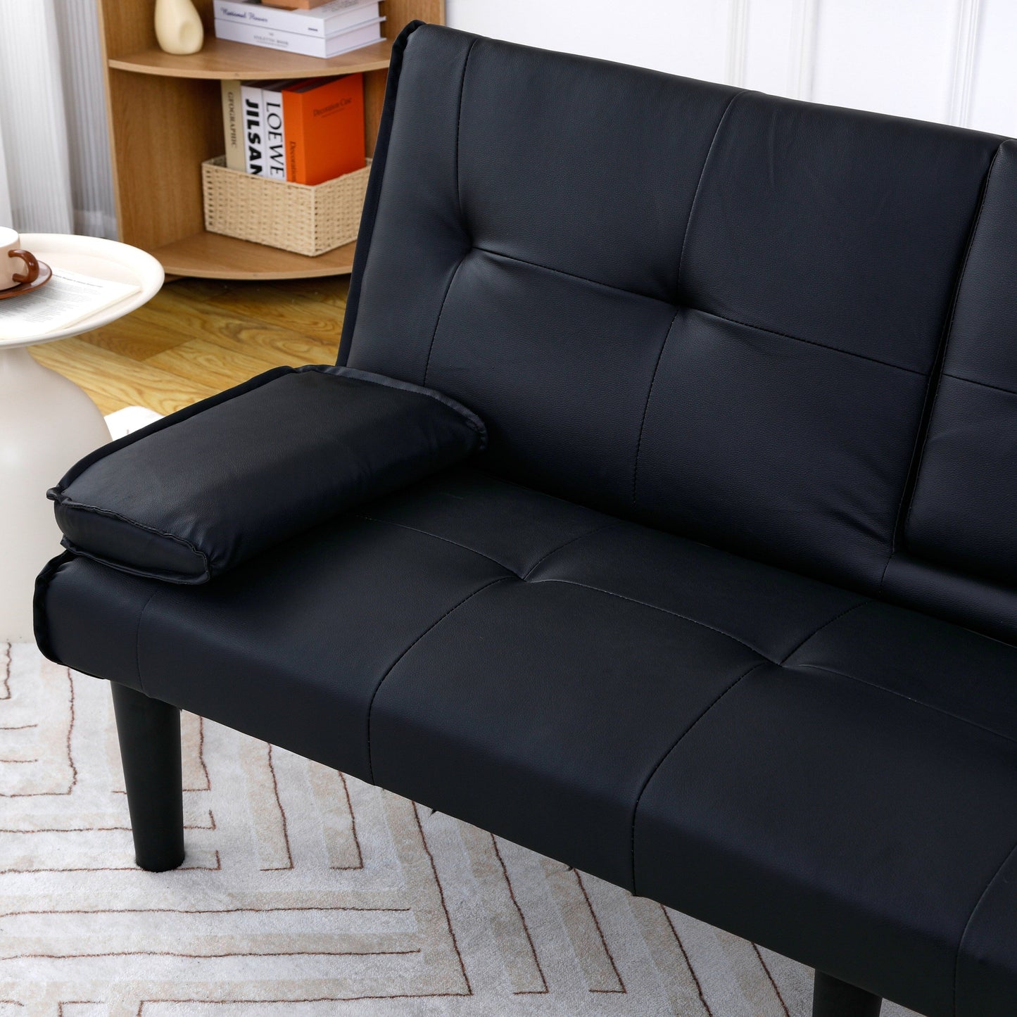 Canapé-lit pliable en PVC noir de 67 pouces avec porte-gobelet pour salon, chambre d'amis, dortoir, bureau