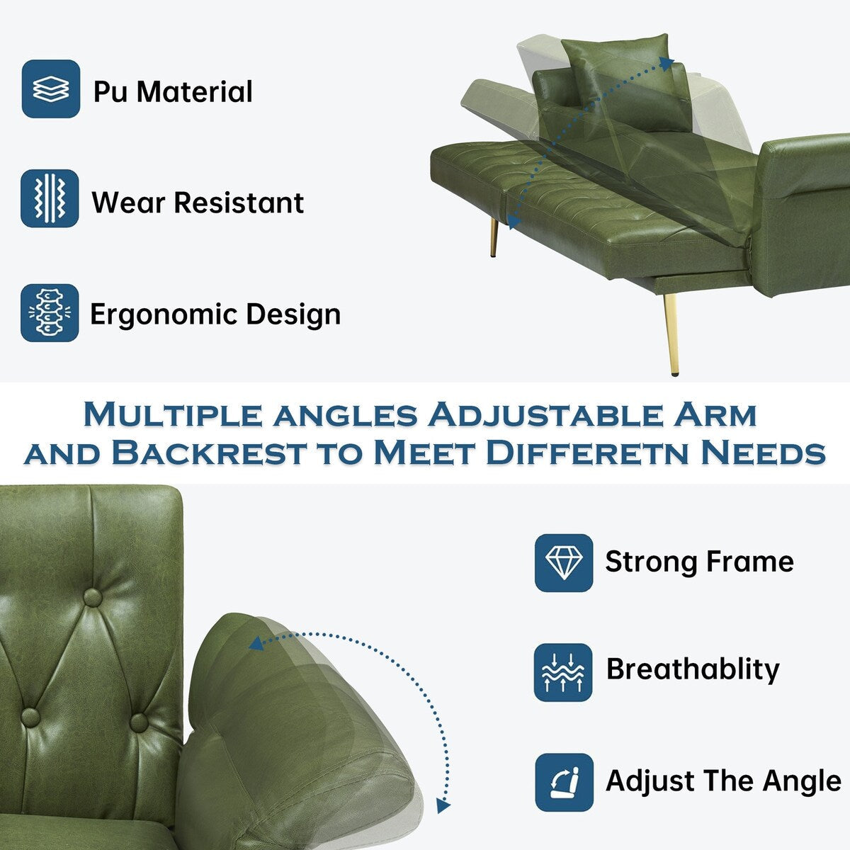 Canapé-lit en similicuir de 67,71 pouces avec accoudoirs réglables - 67,71 L x 33,07 P x 31,1 H