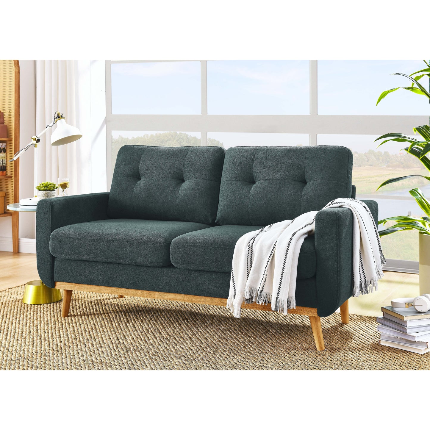 Causeuse capitonnée style milieu de siècle avec pieds en bois - 29,5 po x 67,7 po x 34,6 po