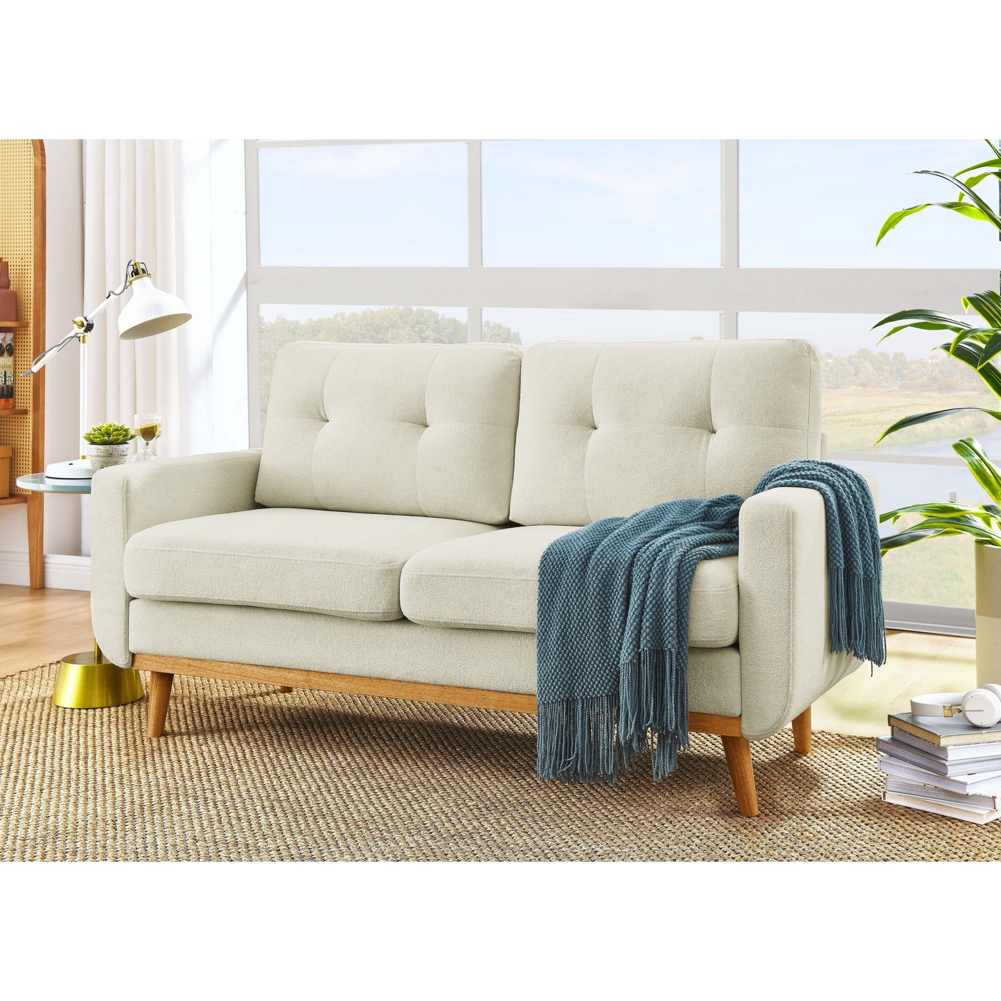 Causeuse capitonnée style milieu de siècle avec pieds en bois - 29,5 po x 67,7 po x 34,6 po