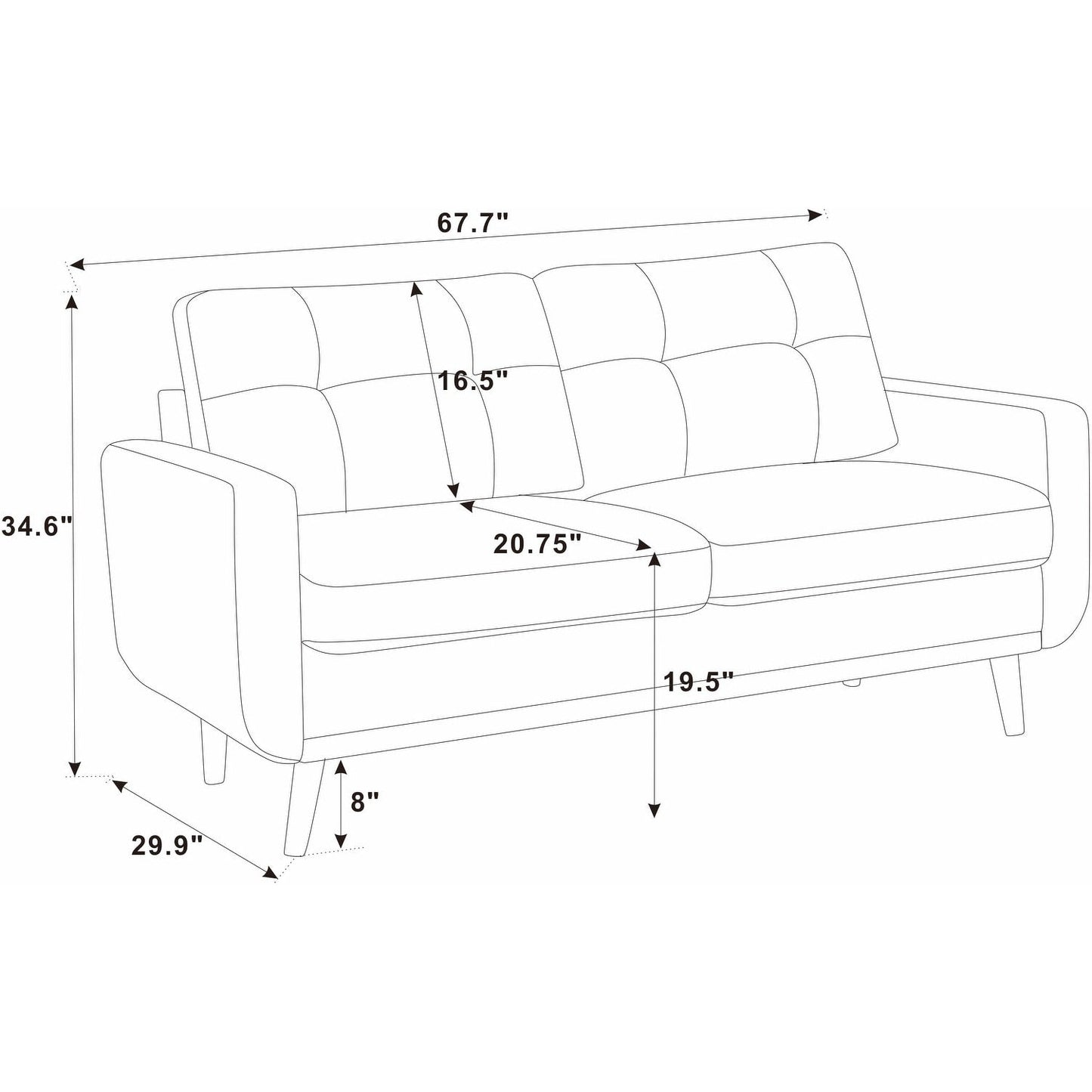Canapé causeuse capitonné moderne du milieu du siècle de 67,7 po de large avec pieds en bois