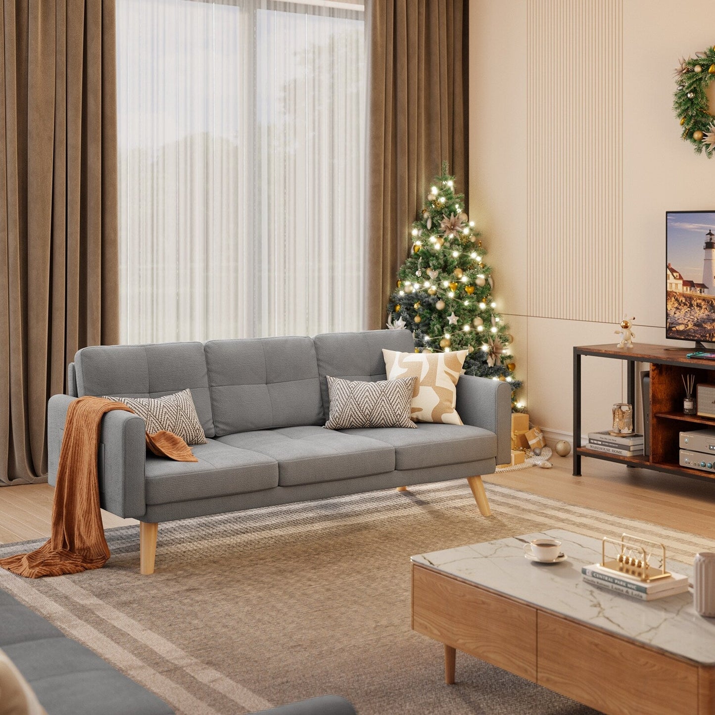 Canapé 3 places de 67 pouces avec accoudoirs moelleux et 3 coussins confortables pour le salon