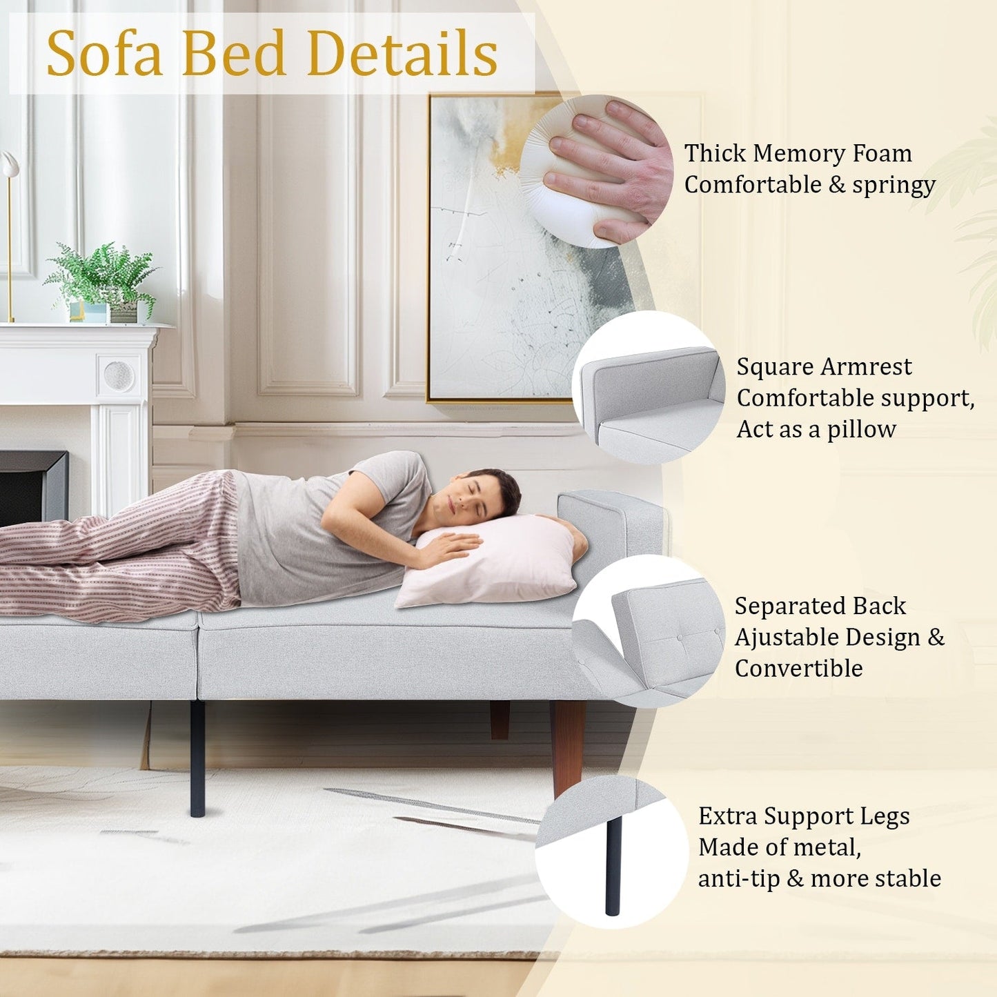 Canapé-lit convertible double de 68 po avec dossier capitonné réglable, 5 couleurs en option – 22,44 po P x 68,11 po L x 28,74 po H