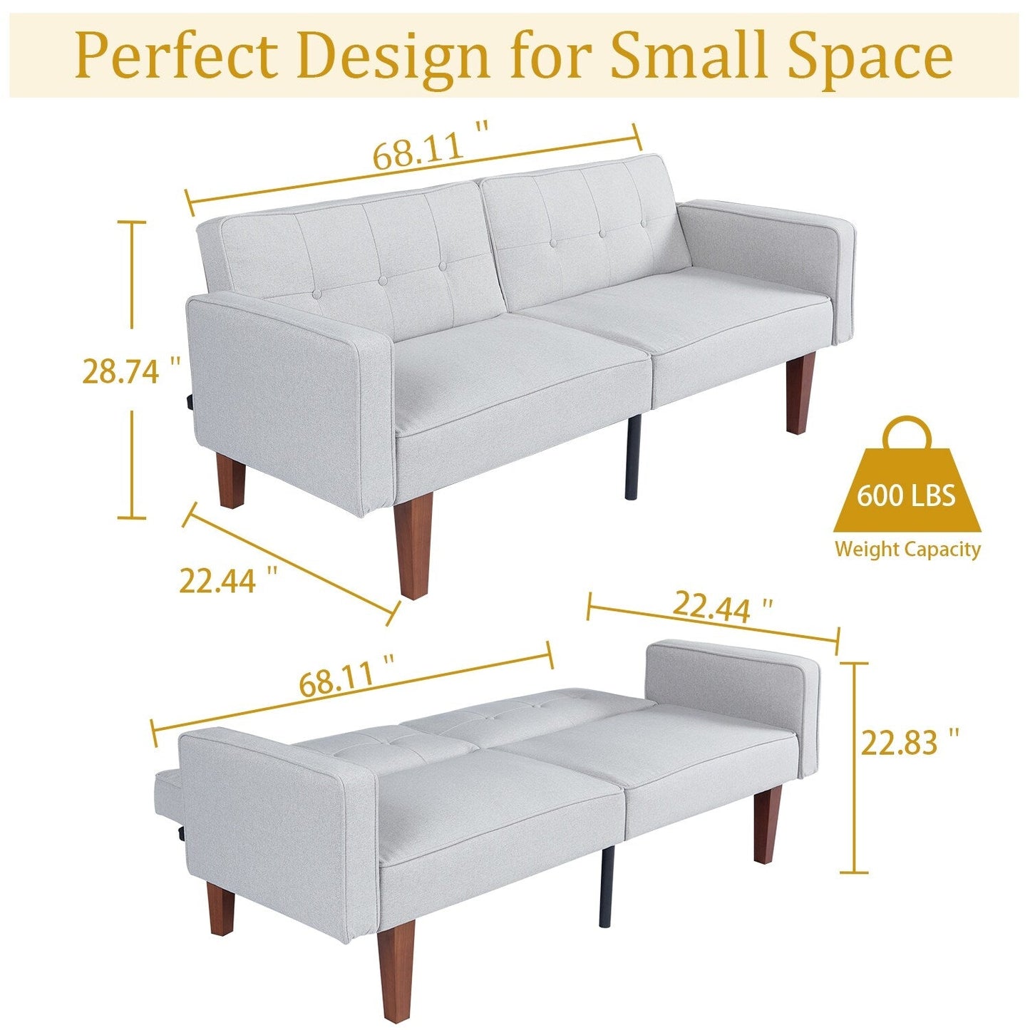 Canapé-lit convertible double de 68 po avec dossier capitonné réglable, 5 couleurs en option – 22,44 po P x 68,11 po L x 28,74 po H