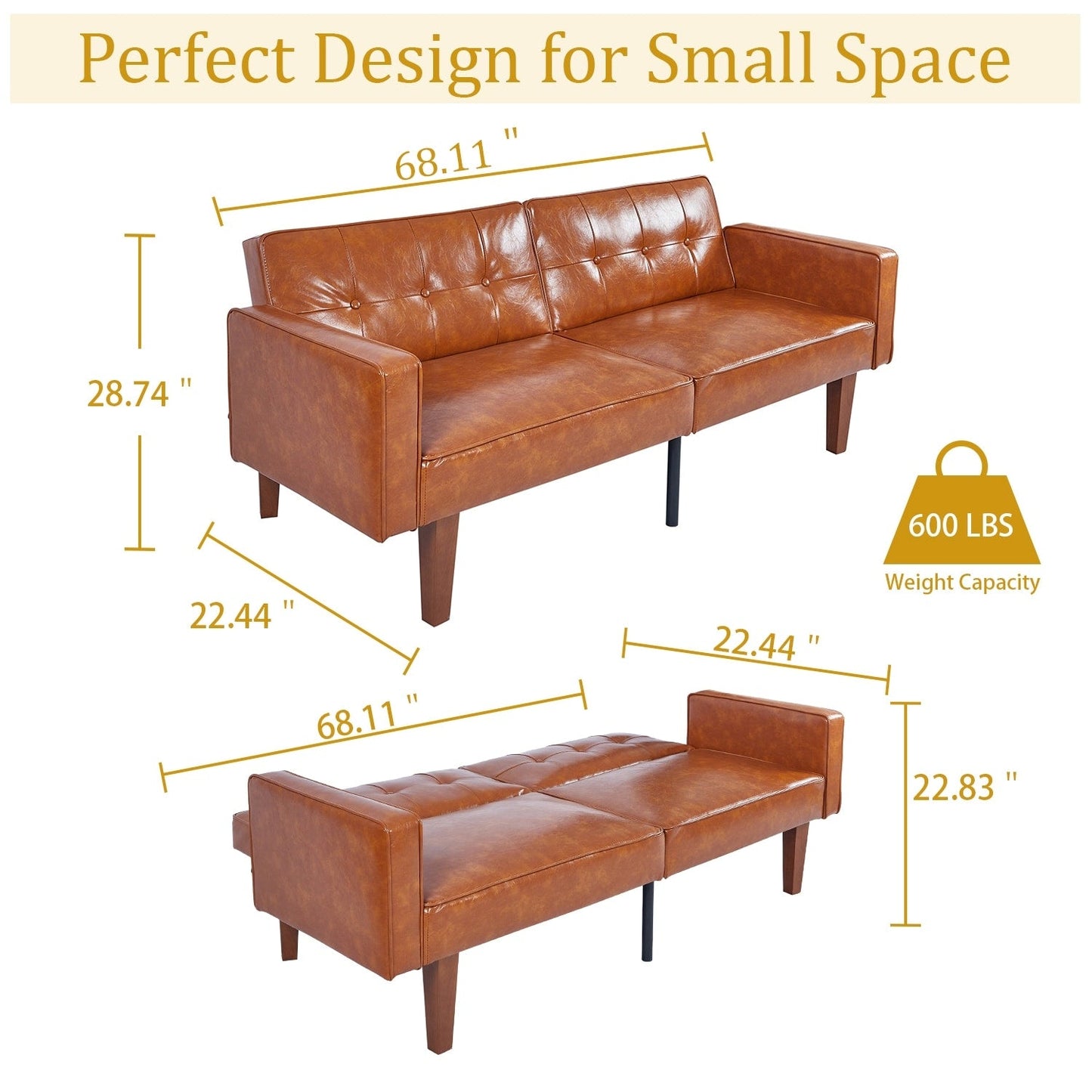 Canapé-lit convertible double de 68 po avec dossier capitonné réglable, 5 couleurs en option – 22,44 po P x 68,11 po L x 28,74 po H