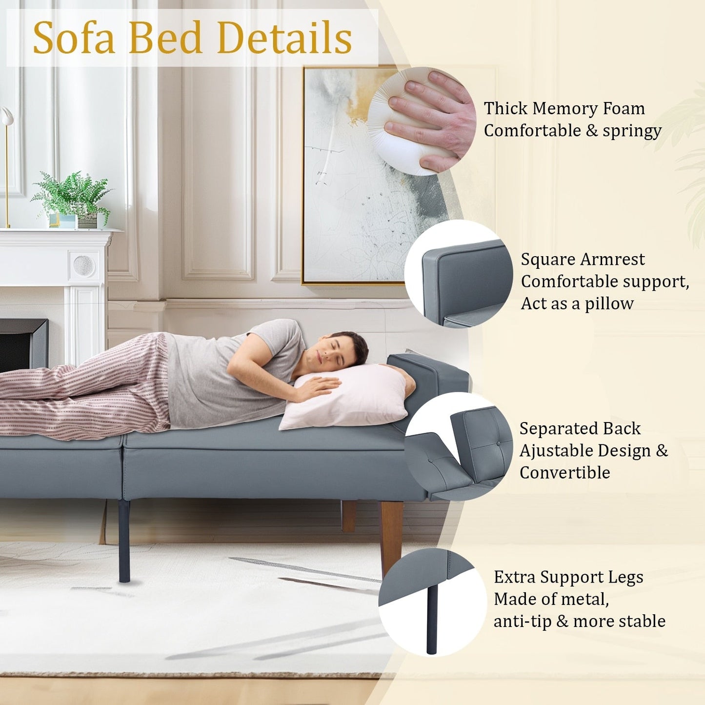 Canapé-lit convertible double de 68 po avec dossier capitonné réglable, 5 couleurs en option – 22,44 po P x 68,11 po L x 28,74 po H