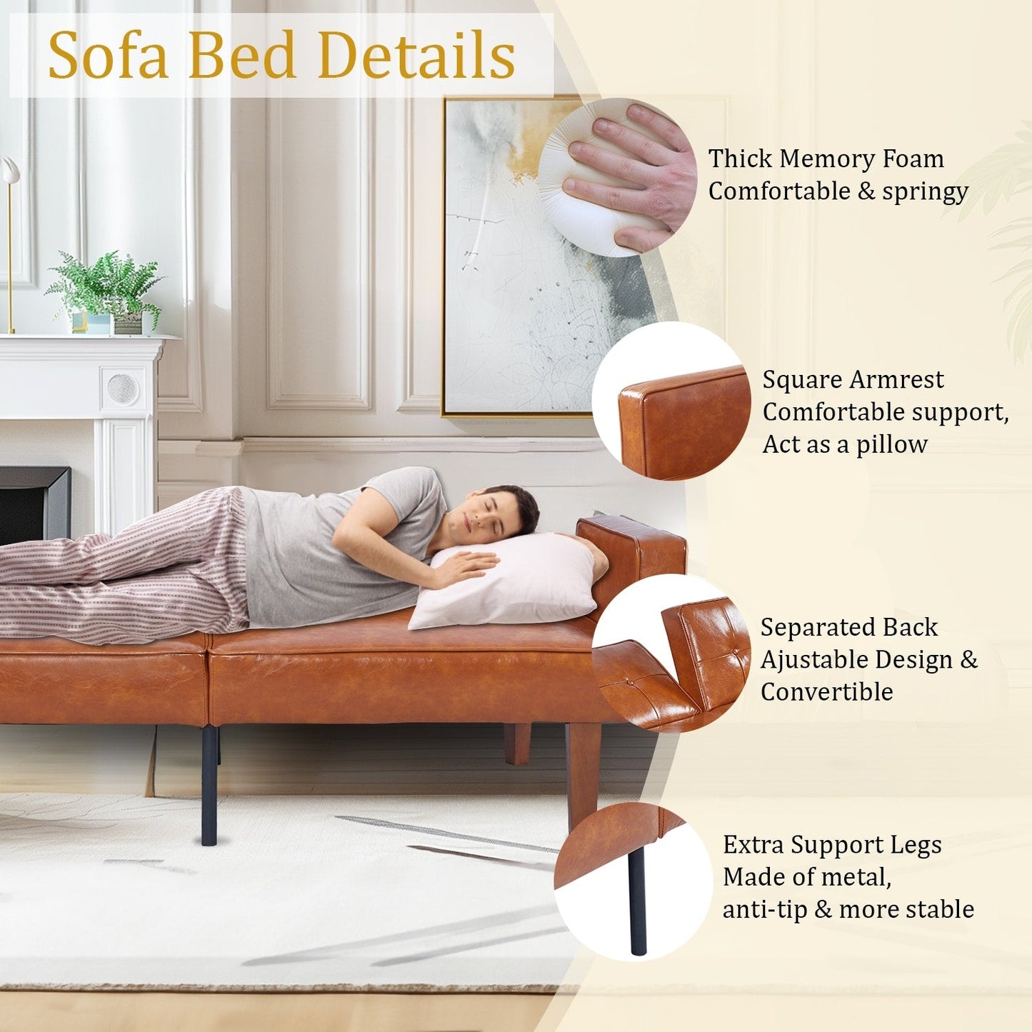 Canapé-lit convertible double de 68 po avec dossier capitonné réglable, 5 couleurs en option – 22,44 po P x 68,11 po L x 28,74 po H