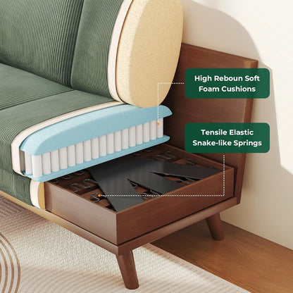Canapé causeuse en velours côtelé vert 68 pouces - Coussin à ressorts confortable et structure en bois massif, assise profonde et moderne pour salon et bureau