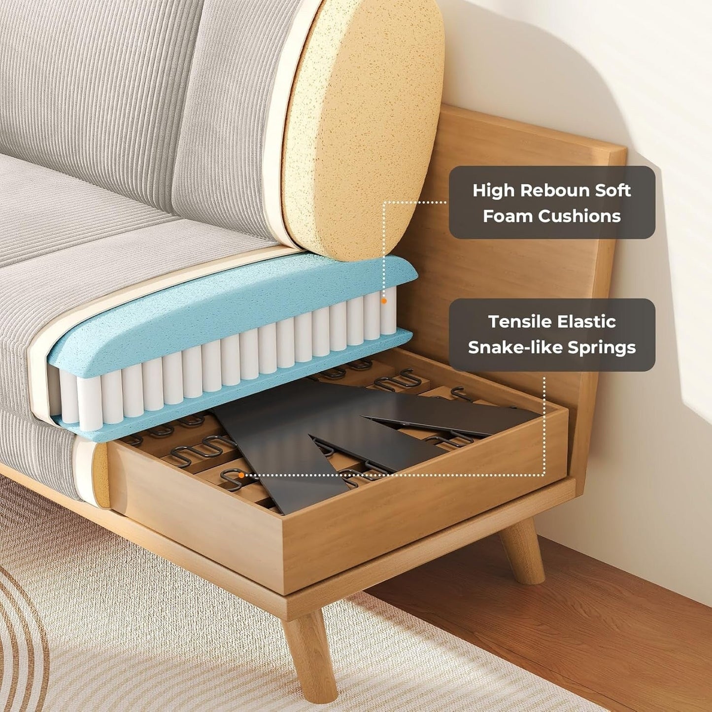 Canapé causeuse en velours côtelé vert 68 pouces - Coussin à ressorts confortable et structure en bois massif, assise profonde et moderne pour salon et bureau