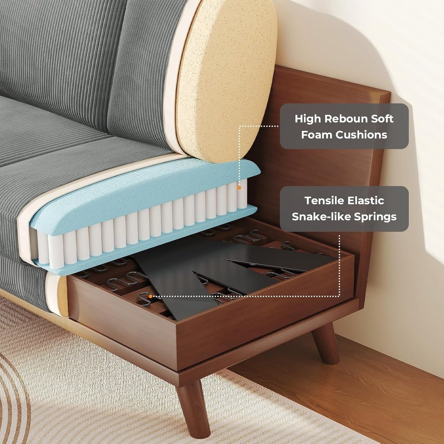 Canapé causeuse en velours côtelé vert 68 pouces - Coussin à ressorts confortable et structure en bois massif, assise profonde et moderne pour salon et bureau