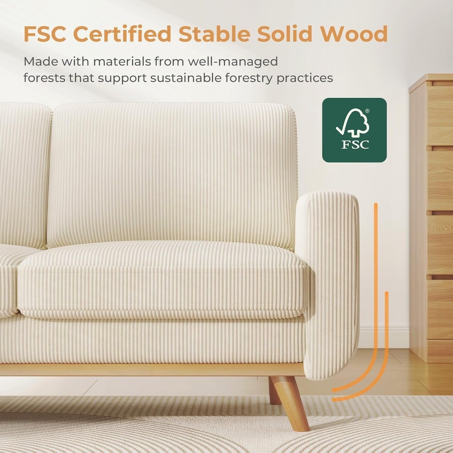 Canapé causeuse en velours côtelé vert 68 pouces - Coussin à ressorts confortable et structure en bois massif, assise profonde et moderne pour salon et bureau