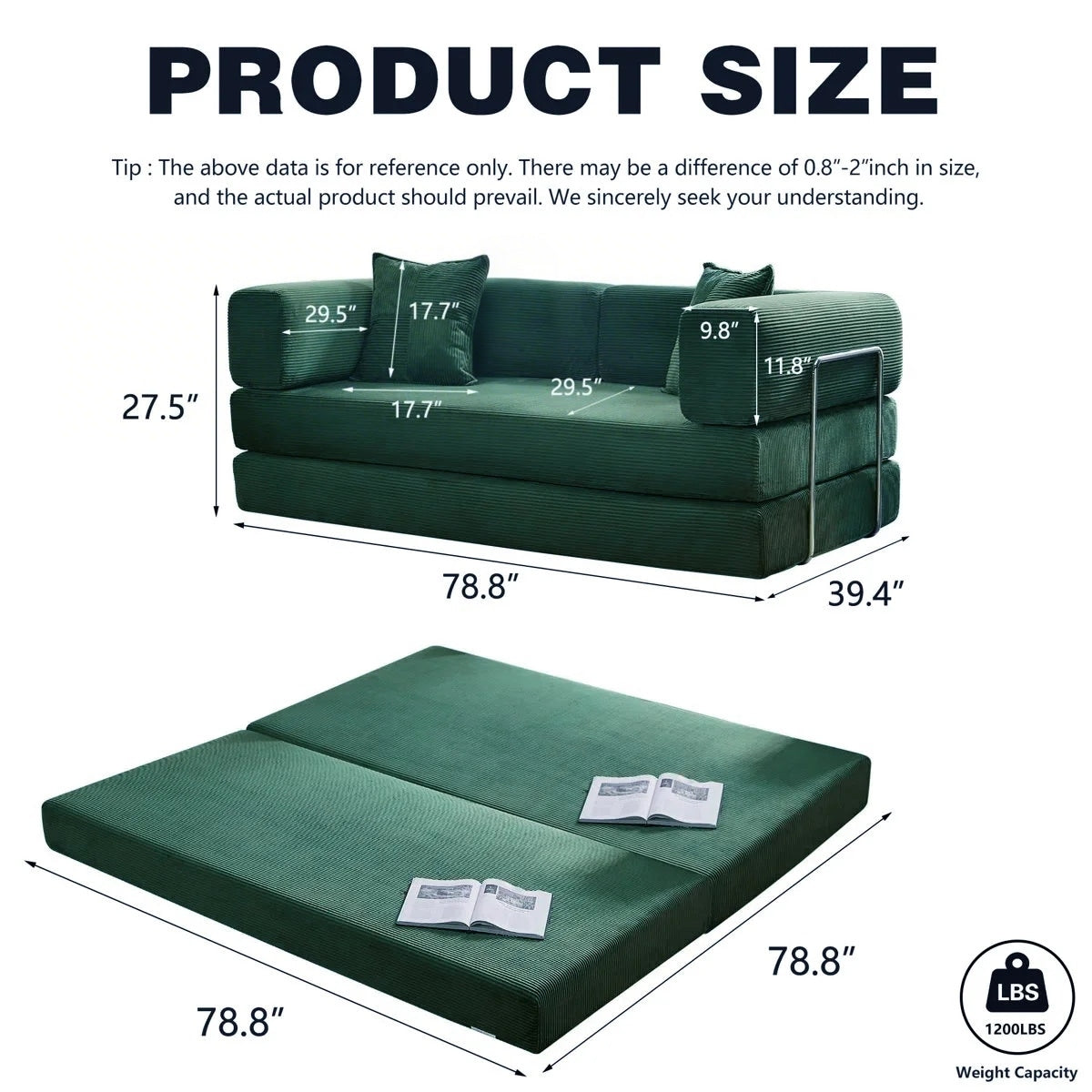 Canapé-lit convertible de 78,8 cm avec coussin de soutien dorsal et accoudoirs